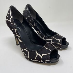 Nine West Women's Stiletto Calf Hair Giraffe Peep Toe Heels Black White Size 7.5